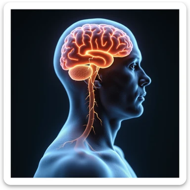 hyper-realistic medical CGI profile of an obese man with a transparent overlay of his brain highlighting inflamed hippocampus in red, shrunken prefrontal cortex, yellow lightning for glucose spikes, black amyloid plaques, constricted blood vessels, 4K clinical sticker