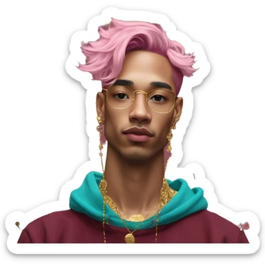 Vintage painting swirls gold jewellery baroque raven wings angel tropical Deep pink maroon burgundy cyan dark hoodie man vitiligo dyed hair gold piercings nose piercing ear piercings sticker