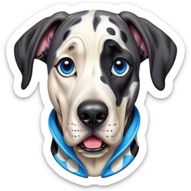 Cinematic Comical Harlequin Great Dane Portrait Emoji, Head tilted dramatically with an exaggeratedly shocked or amused expression, featuring a striking coat of predominantly white with vivid black patches, wide, expressive blue eyes filled with playful disbelief, Simplified yet hilariously expressive features, highly detailed, glowing with a slightly sassy glow, high shine, dramatic yet playful, stylized with an air of cheeky charm, bright and endearing, soft glowing outline, capturing the essence of a spirited and over-the-top guardian, so meme-worthy it feels like it could side-eye its way into internet fame instantly! sticker
