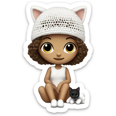 Cute girl wearing crochet dress and hat with her cat (white body and black eyes and tails) sticker