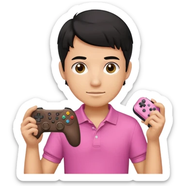 generate a pretty tan bratz boy with a pink polo. Holding a gaming controller in hand. Black hair sticker