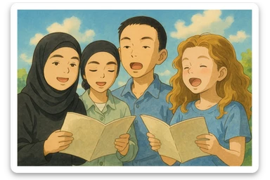 Create a warm cover in the Ghibli style featuring four students singing together in a friendly and bright atmosphere. No text or title. The background should be soft and harmonious, enhancing the warm and amicable mood. sticker