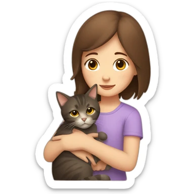 Girl with brown shoulder length hair cuddling a cat sticker