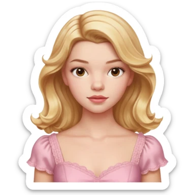 Cinematic Realistic Anya Taylor Joy Portrait, depicted with lifelike skin texture, subtle rosy undertones, and soft natural lighting that enhances the sweet blush contours of her face. Her intricately detailed golden blonde hair is elegantly wavy, and pink dress corquette sticker