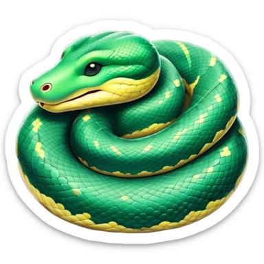 Meme-Worthy cute Sleeping Anaconda Portrait Emoji, Body coiled in a relaxed, peaceful slumber with a contented expression and softly closed eyes, showcasing intricately patterned scales and a serene demeanor, Simplified yet hilariously adorable features, highly detailed, glowing with a soft, drowsy jungle light, high shine, relaxed and utterly lovable, stylized with an air of playful laziness, bright and heartwarming, soft glowing outline, capturing the essence of a sleeping serpent that feels destined to become the next viral sensation of adorable rest! sticker