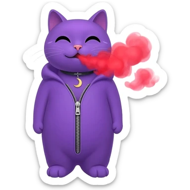 A  fully purple cat spraying red smoke out its mouth with a crisant moon neckless with a zipper on its chest sticker