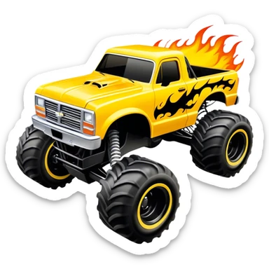 Maximum Destruction - Monster Jam (Model Year: 2021) (Iconic colour: Yellow with black flames) - A ferocious monster truck featuring a vivid yellow base accented by dramatic black flame patterns. Emphasize sharp, high-contrast flame streaks across the body, creating a look of aggressive, explosive energy. sticker
