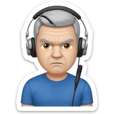 Male, angry, wearing headphone having mic, t-shirt 
 sticker