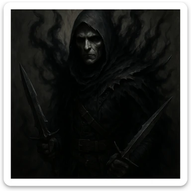 Make the assassin look even scarier, with a shadowy aura, sharp weapons, and a chilling, emotionless face, but keep the face clearly visible, in a realistic fantasy style. sticker
