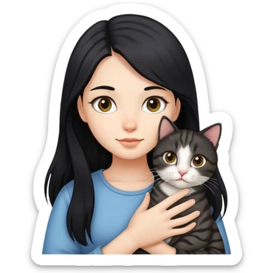 Long black hair girl holding a haired tabby cat sticker