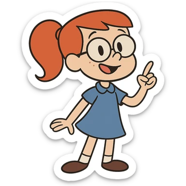 Little Suzy from Johnny Bravo, smart young girl with red hair, blue dress, cartoon style sticker