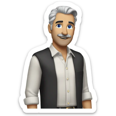 side a white man with blue eyes a thick dark brown and grey moustache, down turned black eyebrows and then dark grey hair he’s wearing an expensive watch and a white shirt and black dressy pants with beige loafers he’s looking at her smiling”  sticker