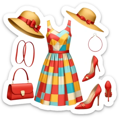 Icon for Fashion Design: a pattern of a bright, beautiful dress with measurements, a ruler, and pencil, along with a hat, shoes, and a handbag. The icon should represent fashion design with attention to detail and style. Transparent background. sticker