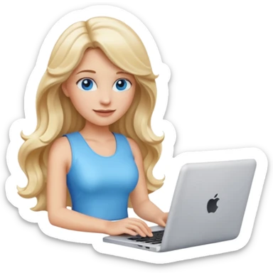 3D Apple-style emoji of a blonde woman whits long wavy hair, with bright blue eyes,
wearing a white sleeveless top,
holding a silver laptop,
clean white background, smooth rounded design
 sticker