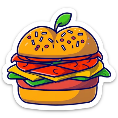 A burger with pizza toppings, french fries sticking out the sides, and apple slices as garnish sticker