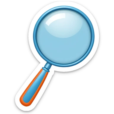 A stylized blue magnifying glass tilted right, flat design, minimalist, vibrant orange handle, white circular background, high resolution, 2048x2048 pixels, vector art, clean lines sticker