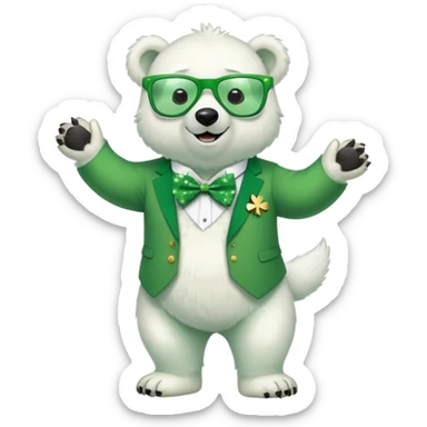full body friendly anthropomorphised polar bear smiling, wearing large multicolored star-shaped glasses, green bow tie, shamrock pin, festive green shirt, green trainers, St. Patrick's Day sticker
