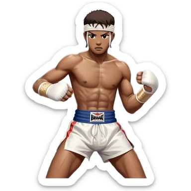 ​Cinematic Realistic Traditional Muay Thai Fighter such as Buakaw Banchamek, depicted in authentic attire featuring white bandaged gloves wrapped around his fists, a traditional headband tied neatly, and classic Muay Thai shorts, captured in a dynamic fighting stance under dramatic, high-energy lighting that highlights the raw power and elegance of the art, sticker