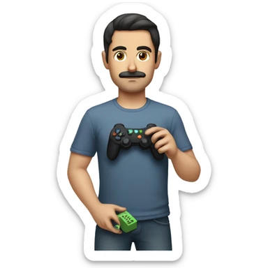 dark hair dark eye man with short mustache holding game controller sticker