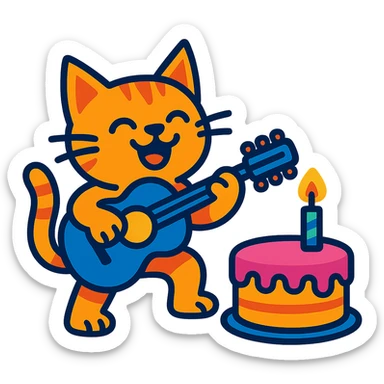 cat playing guitar next to a cake, vibrant-toon style sticker