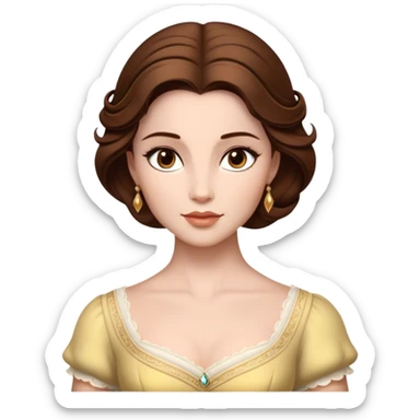 Cinematic Realistic Belle Portrait, depicted with lifelike skin texture, soft natural lighting, and intricately detailed brown hair styled elegantly. Her deep, expressive eyes exude warmth and intelligence, complemented by a serene and graceful expression. She is dressed in her classic attire, with rich fabric textures and delicate folds that catch the light beautifully. The portrait features a soft, enchanting glow with a natural, radiant finish, capturing the essence of timeless beauty in a realistic and painterly style, evoking a sense of depth and authenticity. sticker