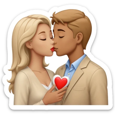 A man in pale beige clothes and a woman in pale beige clothes are kissing with white hearts sticker