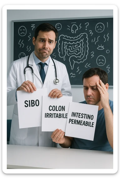 Scena clinica con un medico confuso in camice bianco davanti a un paziente seduto. Il medico ha tre fogli in mano, e li mostra uno alla volta con espressione incerta: il primo dice 'SIBO', il secondo 'Colon Irritabile', il terzo 'Intestino Permeabile'. Il paziente ha un’espressione confusa e scoraggiata, con una mano sulla fronte. Sullo sfondo una lavagna caotica con disegni di intestino e sintomi ovunque. Stile realistico con tocchi ironici, toni freddi da ambulatorio ma con un messaggio visivo forte di incertezza diagnostica. in italiano sticker