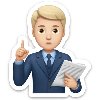 A white man stands with a serious face and points at his hand holding papers. sticker