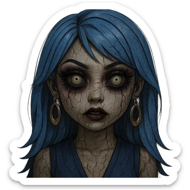 Make the character look creepy while keeping the gyaru style, blue hair, pretty makeup, and bratz baddie vibe. The style should resemble emoji style with no background. sticker