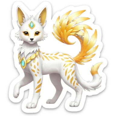 Epic complex fantasy glorious detailed futuristic divine godly angelic feathery sunny, white, albino, pastel, golden, orange glowing sparkly, realistic Fakémon-Trico-Sergal-Serval-Solgaleo-Vernid-creature (full body) solarpunk, shiny sparkly with a gold laurel sticker