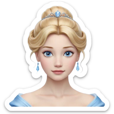 Cinematic Realistic Cinderella Portrait, depicted with lifelike skin texture, subtle rosy undertones, and soft natural lighting that enhances the gentle contours of her face. Her intricately detailed golden blonde hair is elegantly styled in an updo, with delicate wisps framing her face for added realism. Her deep, expressive blue eyes radiate warmth and sincerity, reflecting a quiet resilience and grace. She is dressed in her iconic ball gown, the fabric shimmering with intricate embroidery and fine translucent layers that catch the light beautifully. The soft sheen of satin gloves and the delicate sparkle of a glass-like slipper peeking from beneath her dress add a touch of magical realism. The portrait features an enchanting glow with a natural, luminous finish, seamlessly blending realism and fairytale charm to evoke a sense of depth, elegance, and timeless beauty. sticker