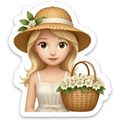 summer beautiful wicker hat, beach beige bag and bouquet of white flowers and blonde girl in Italy white dress sticker