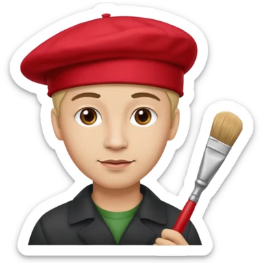 man artist with red beret and painter sticker