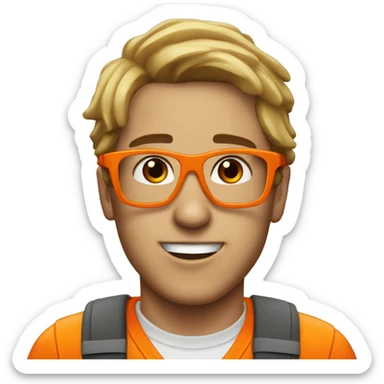 Young man with safety orange helmet, glases and earplugs sticker