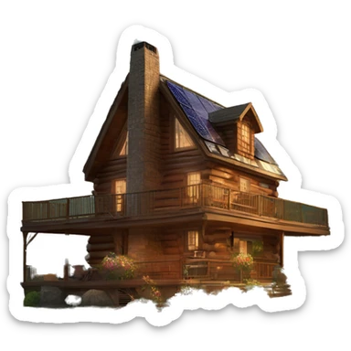 Skywalker Cabin is a very Very big Wood Cabin near tree on the mountain. The cabin is 5 stories tall with extensive solar arrays on top. The cabin sits on thick grass fields. porch lights on ,guests on porch smoking ,flowers and bushes  sticker