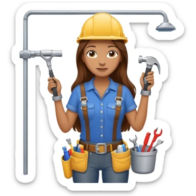 beautiful girl with long brown hair constructing new bathroom area with new shower and amenities  sticker