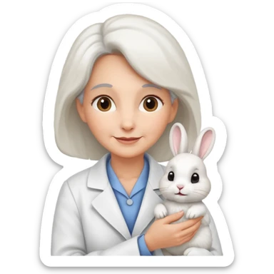 Older female vet – gentle smile, coat, checking rabbit  sticker