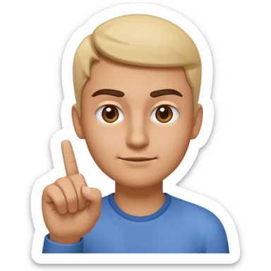iOS-style 3D emoji: a person with one eyebrow raised, slightly tilted head, and index finger wagging side to side in front of them sticker