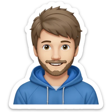 20 year old man, short scruffy beard and thin moustache, brown puffy mullet, blue eyes, big smile, white teeth, big lips, pronounced jaw, hair longer in back, sticking up on top, thin face, grey hooded sweatshirt, pale skin, big smile, blue eyes, puffy hair that is long in back, blue eyes sticker