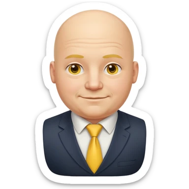 European boss emoji, fat, bald, gentle smile, wearing yellow tie and vest sticker