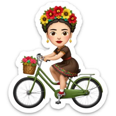 Frida Kahlo riding a bicycle, floral headpiece, expressive face, apple emoji style sticker