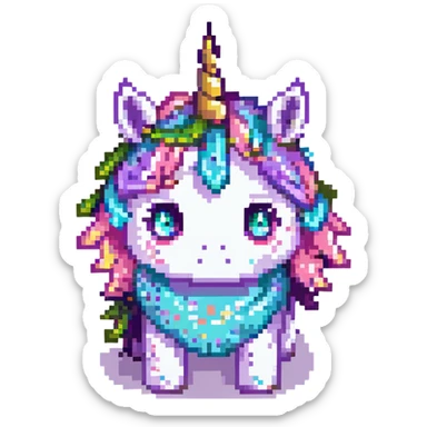 Add sparkles to the bright unicorn headband. Keep the pixel art style. The unicorn remains dirty, crumpled, with bags under its eyes and a drooping horn. sticker