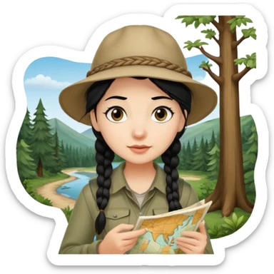A braid black hair backpacking woman checking her map with curious eyes while wandering in the woods with camping hat sticker