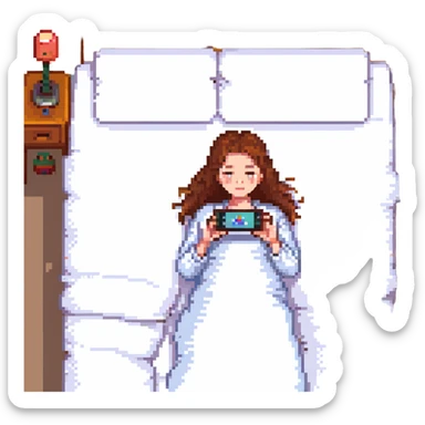 Girl lying in bed, wanting to sleep but not wanting to, staying up late playing with her phone sticker