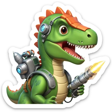 rocket-propelled dinosaur portrait, head and shoulders only, cute T-rex face, rocket pack visible behind shoulders, glowing thrusters, 3D cartoon, mobile game icon style, clean background, no text, no watermark sticker