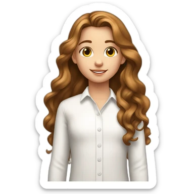 9 year old white girl with realy long brown waivy hair wearing a white shirt with black letters sticker