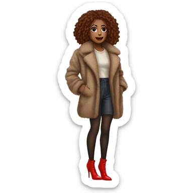 A woman wearing fishnet tights, red heels, and a fuzzy coat. She looks raggedy, and not out together  sticker