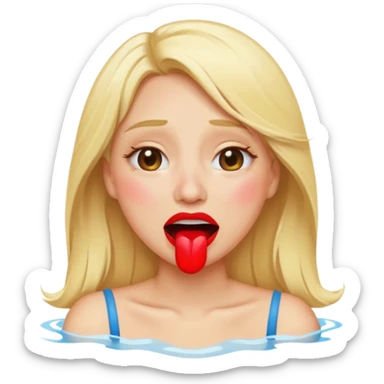 blonde having crying emoji tears (water-emoji) from hard laughter. really happy in general, happy eyes and open mouth. red lipstick sticker