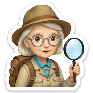 Explorer old woman with magnifying glass and backpack sticker