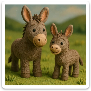 donkey and foal together, cute and cheerful, detailed fur, in a grassy meadow, claymation style sticker